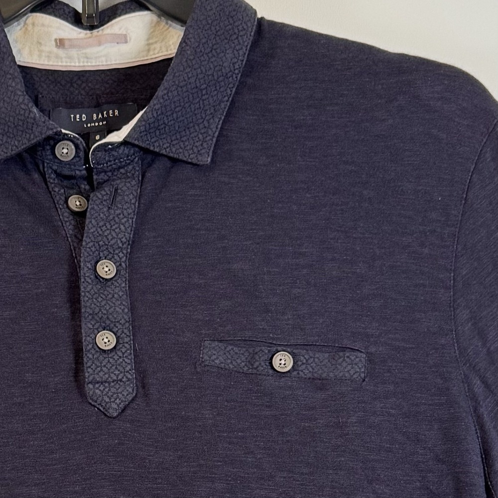 Ted Baker London Men Saharah Navy Blue Slub Polo Shirt Geometric Trim Size 6 XL*